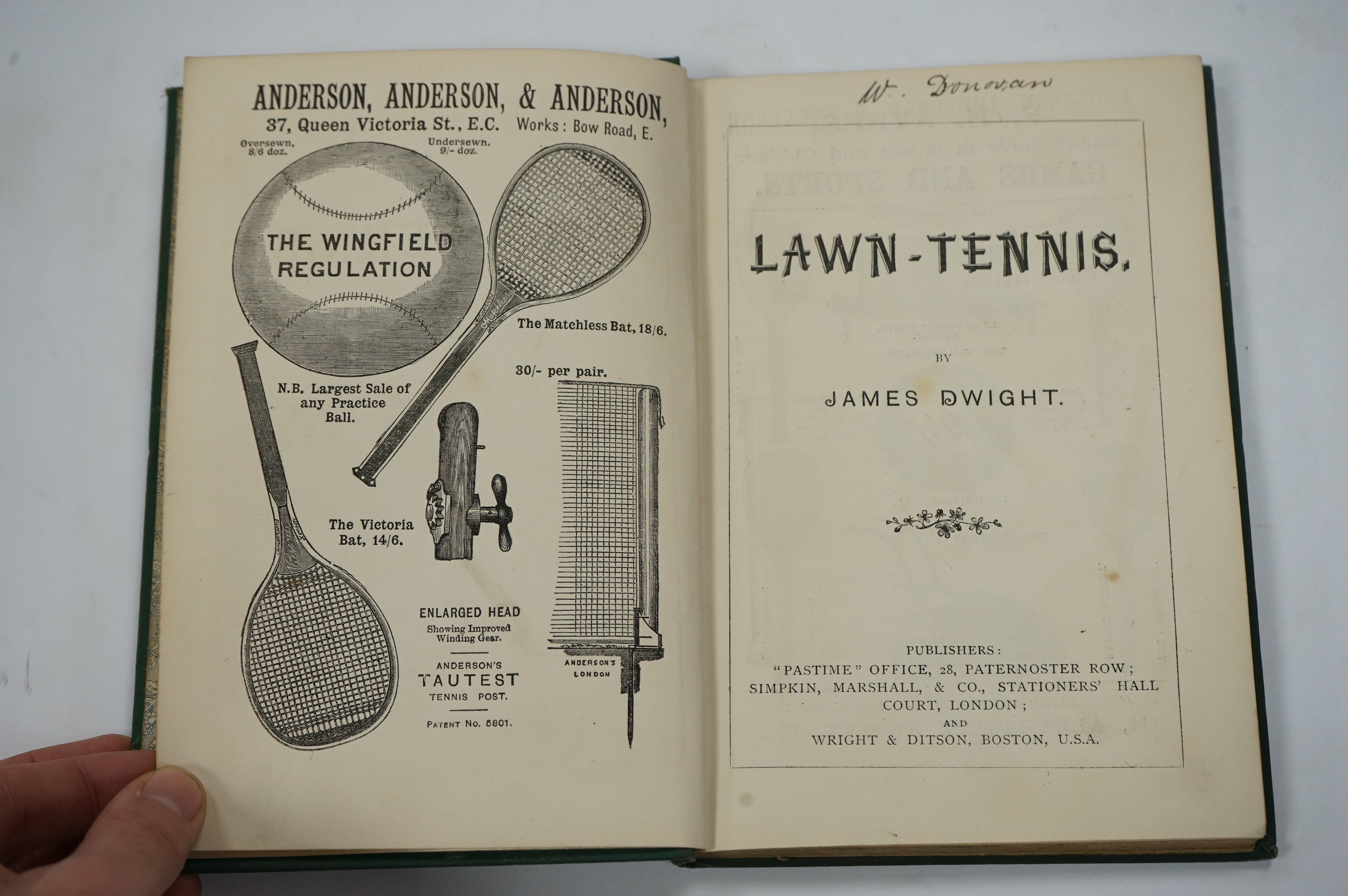 Dwight, James - Lawn Tennis, green pictorial cloth with gilt lettering, 8vo, ink ownership inscription to title head, 8pp. of adverts at end, floral printed end papers, Wright & Ditson, Boston, [1887].